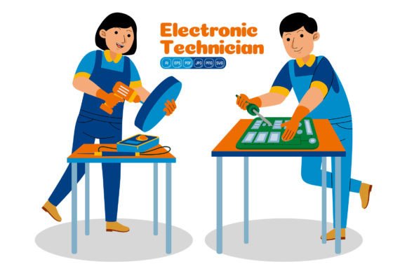 Man and Woman Electronic Technician: Graphics & Illustrations